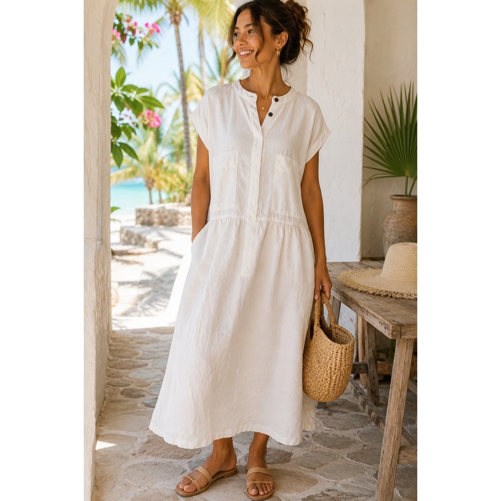 Everlane White European Linen Blend Midi Dress Short Sleeve Pockets Minimalist L